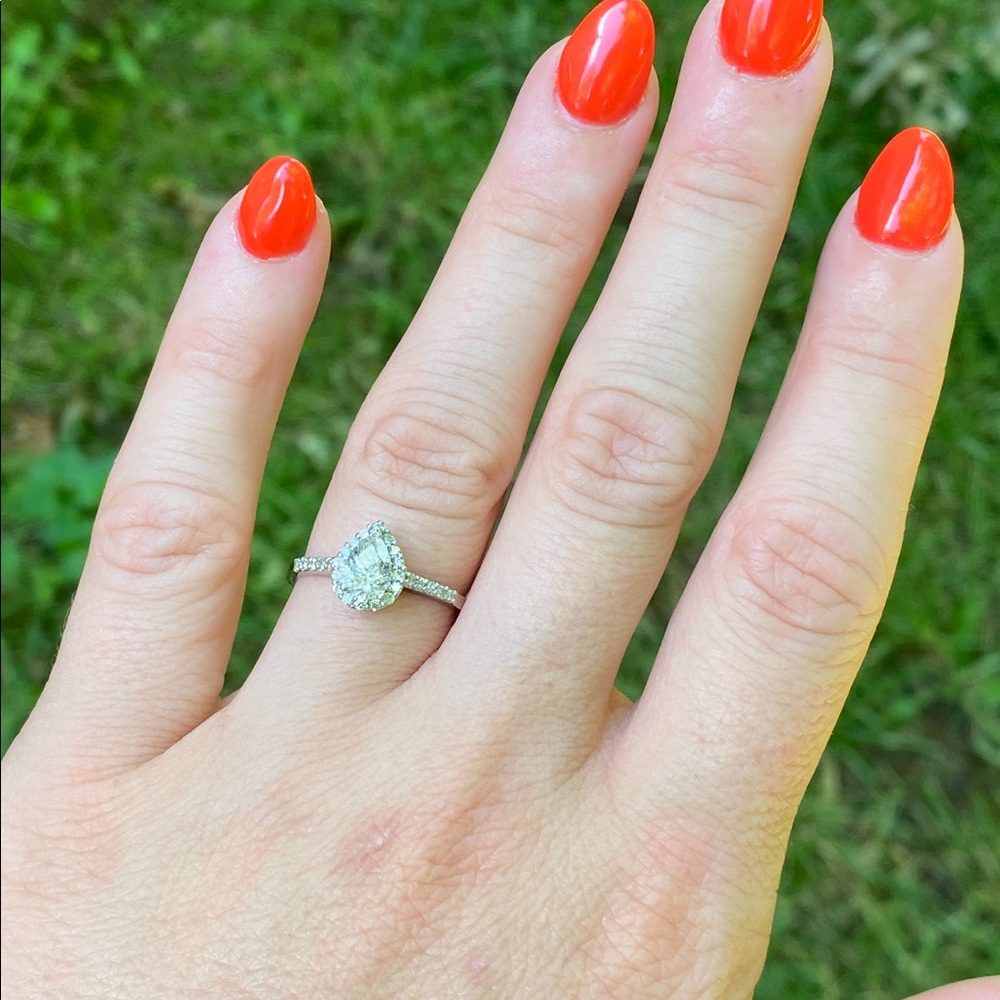 Platinum Pear Cut Halo Diamond Ring - Picture 9 of 15
